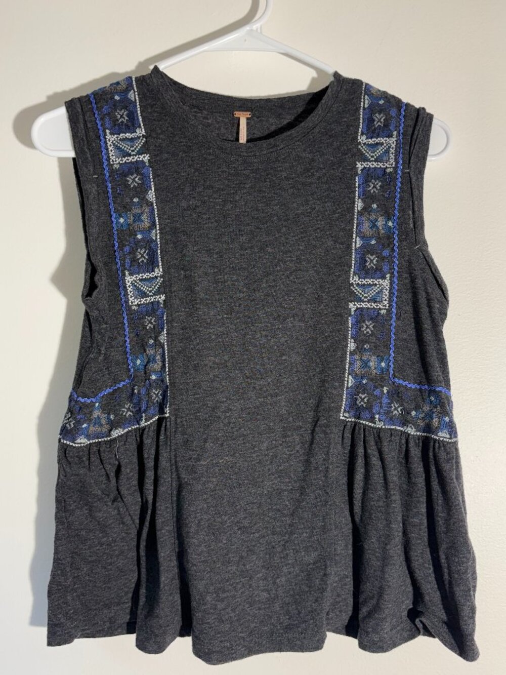 Free People Embroidered Panel Tank Top Small Charcoal Charcoal Gray Boho Knit